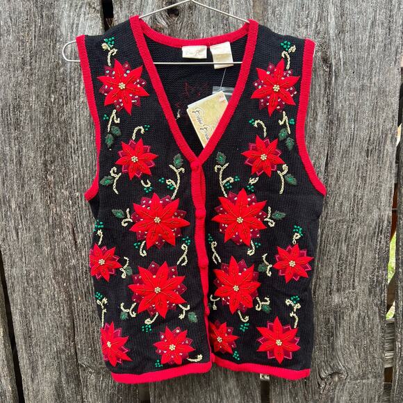Vintage Sweaters - Vintage 90s Bobbie Brooks Ugly Christmas Poinsettia Bead Sequin Sweater Vest MED